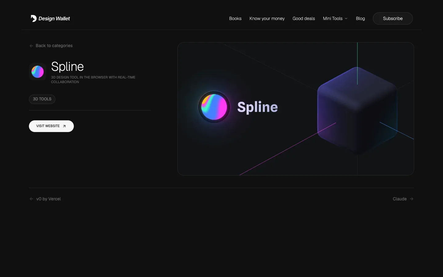 A Design Wallet tool page for Spline, with its description, category and visit link