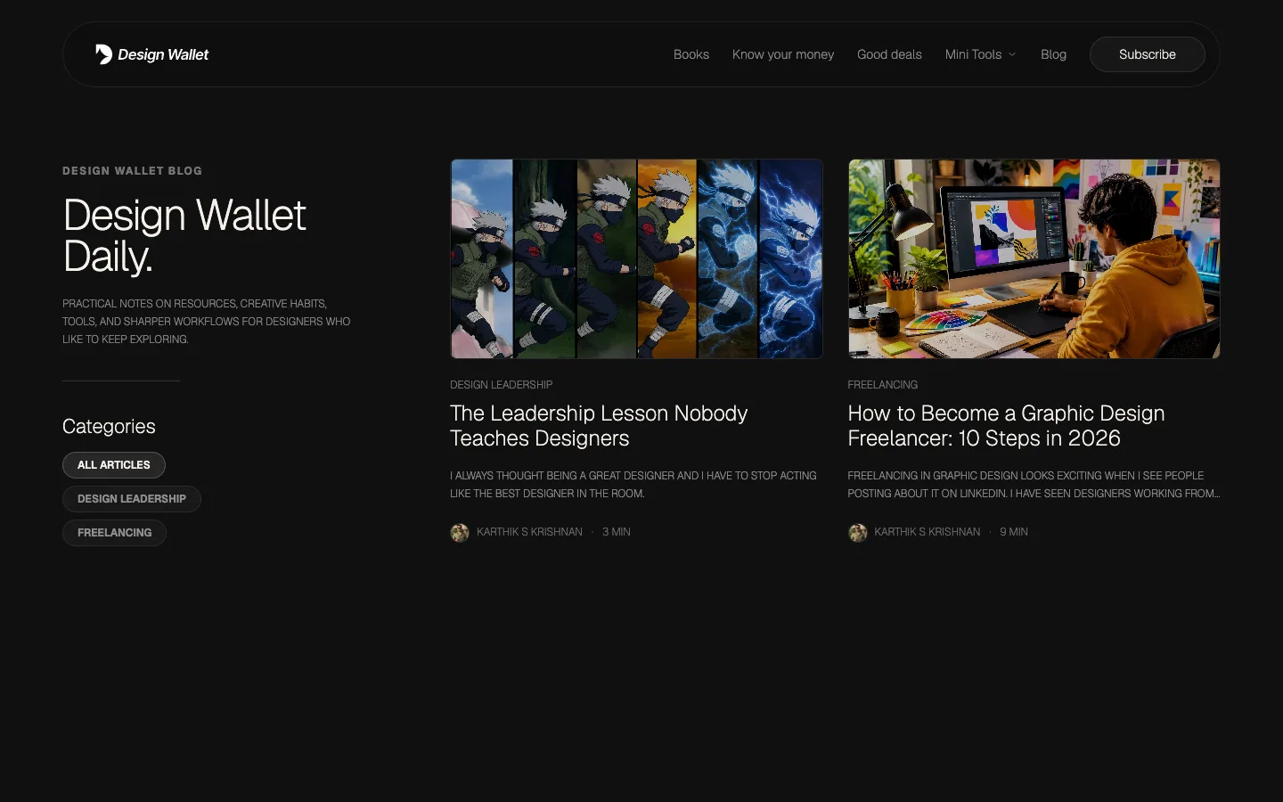 The Design Wallet Daily blog index with article cards and categories