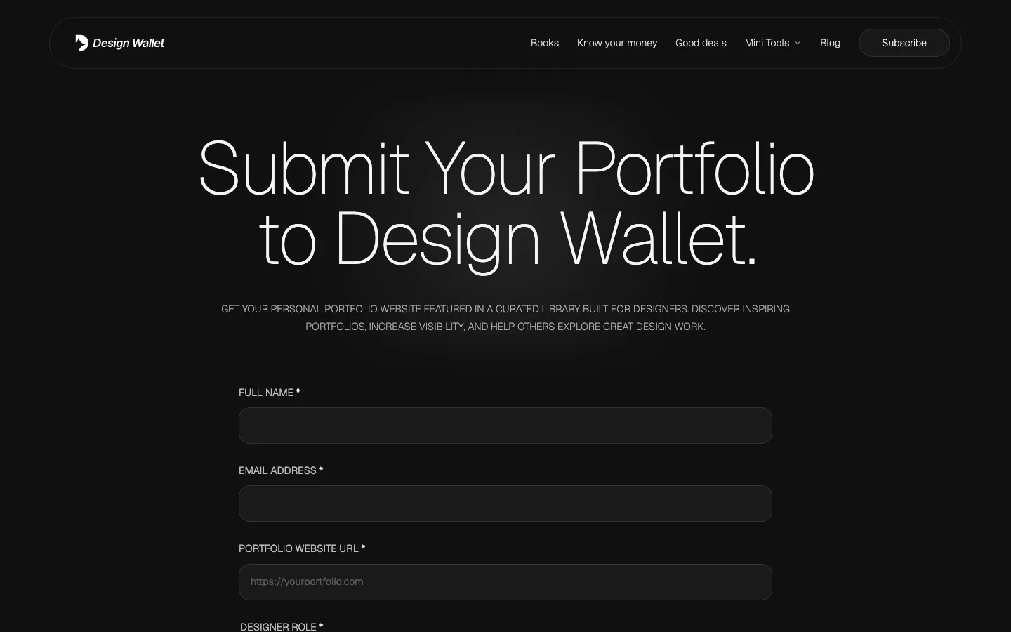 The Submit your portfolio page with its submission form