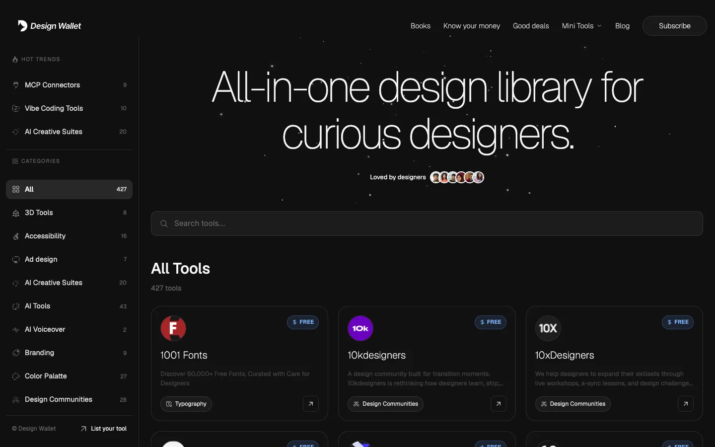 The redesigned Design Wallet homepage with the category sidebar, starfield hero and tool grid