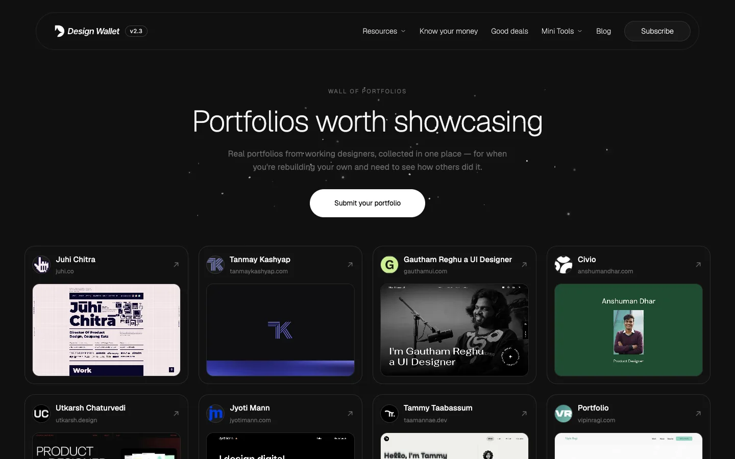 The Wall of Portfolios, showing designer portfolio cards four to a row with a thumbnail of each site